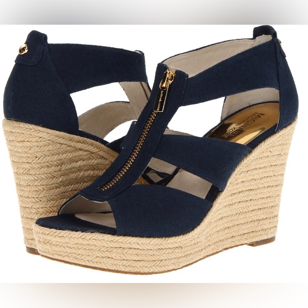 MICHAEL Michael Kors Danita Platform Black Strappy Wedge with Front Zip - Size 8
